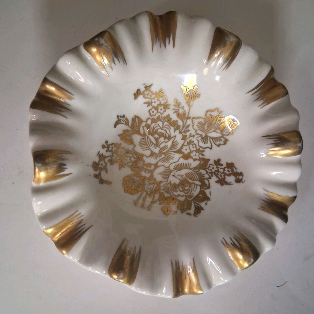 France ,Gold Rose Hand Painted Ruffled Bon Bon/ Trinket Dish, Small,Marked